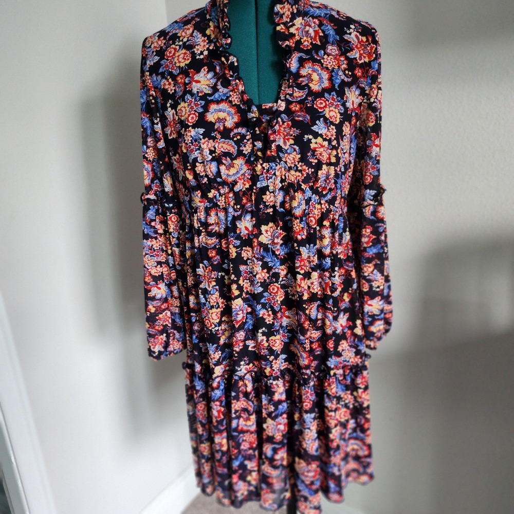 Stella & Julie Tiered Dress Women 8 Black Floral Cottagecore Boho V-Neck